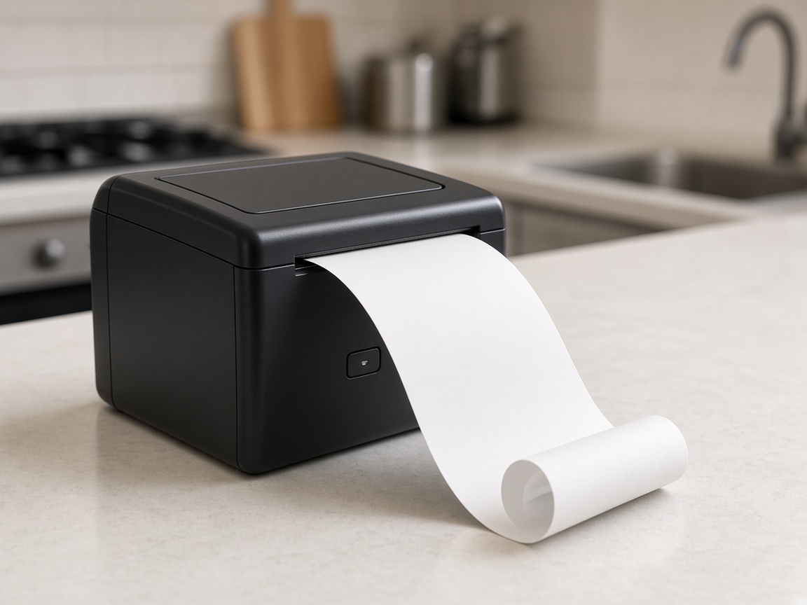 Example of a compact thermal receipt printer with a blank paper roll.
