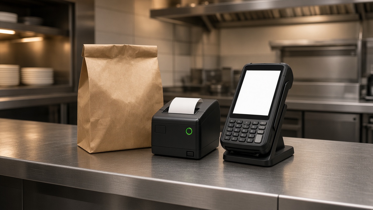 Example of a shop counter with a handheld order terminal and a receipt printer.