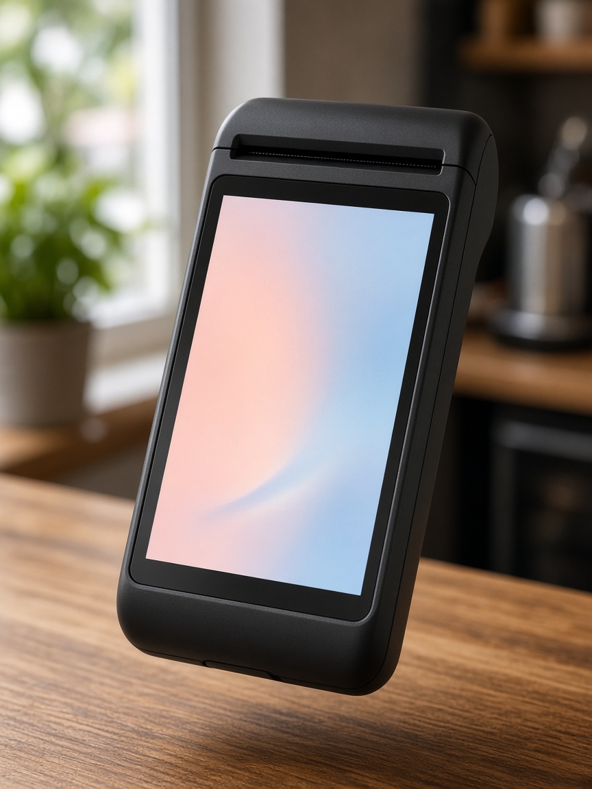 Example of a handheld Android terminal with a built-in receipt printer, the kind of device a Sunmi V2 is.